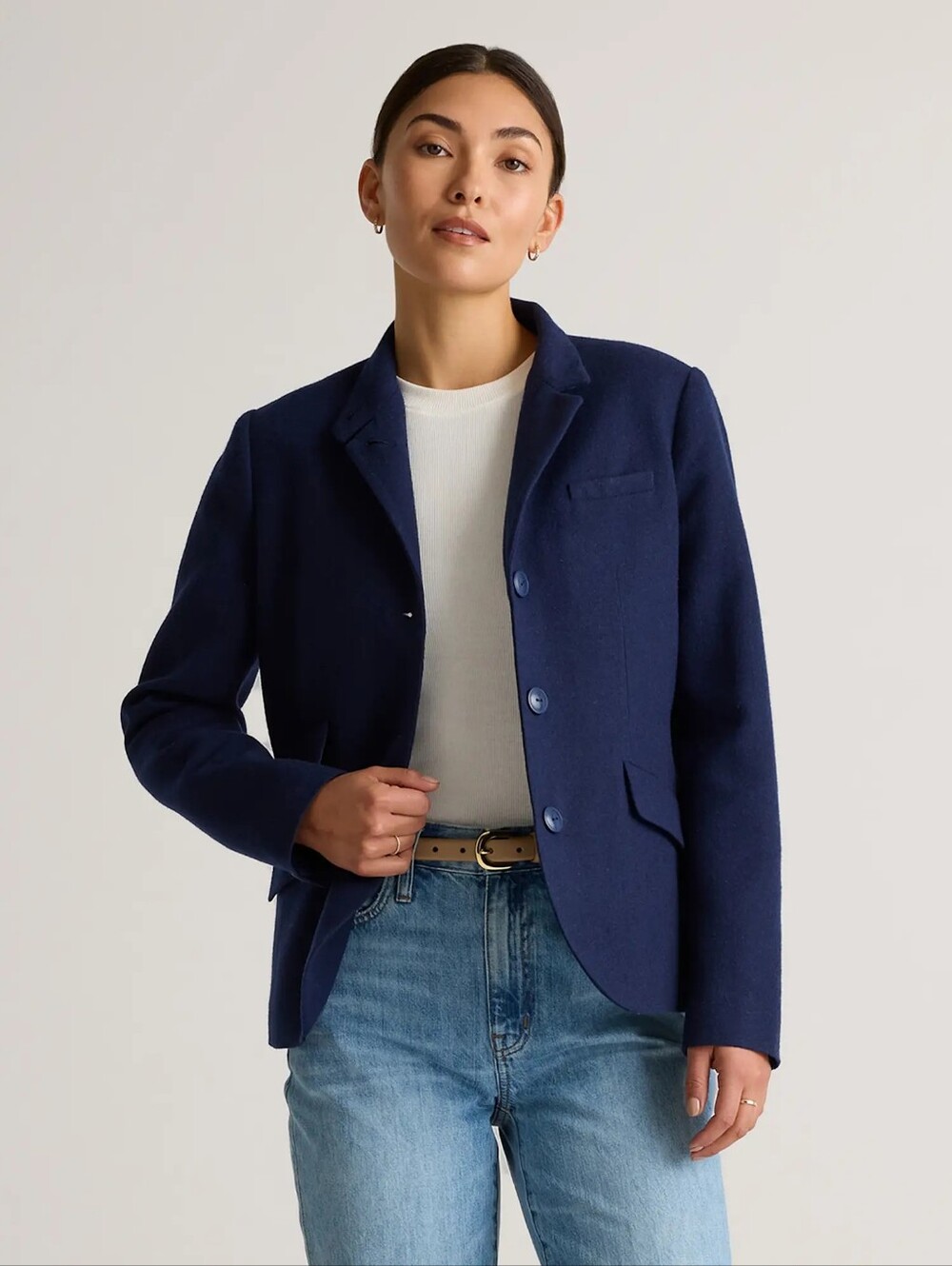 Quince Blazer Womens M Navy Italian Wool Stand Collar Jacket Academia Luxury
